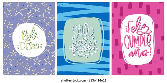 Happy Birthday, Make A Wish, Health And Happiness Card Set In Spanish Language. Colourful Star And Brush Strokes Background, Abstract Vector Graphic And Modern Calligraphy Phrases Collection.