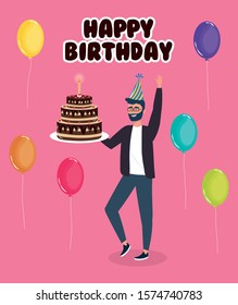 happy birthday, man with cake balloons celebration party event decoration vector illustration