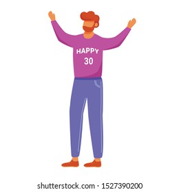 Happy birthday man flat vector illustration. Joyful bearded man with hands up. Party entertainment. Cheerful guy in celebration thirtieth anniversary isolated cartoon character on white background svg