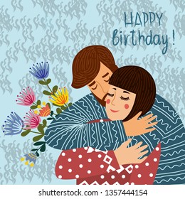 Happy birthday. Man kisses and congratulates a woman, Couple in love with text. Flat cute design vector illustration.