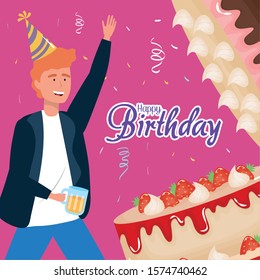 Happy Birthday, Man With Sweet Cakes And Beer Celebration Party Event Decoration Vector Illustration