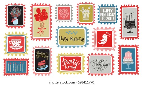 Happy birthday mark set hand drawn isolated. Handwritten font, lettering