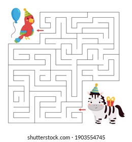 Happy Birthday maze game for children. Cute cartoon parrot and zebra with gift. Labyrinth worksheet. Jungle animals.