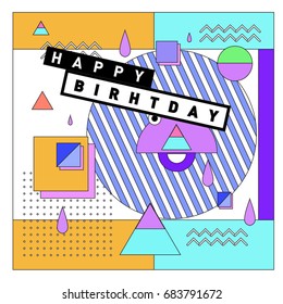 Happy Birthday Memphis style vector design for greeting cards and poster with colorful and retro abstract pattern, confetti and design template for birthday celebration.