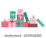 Happy birthday. Merry Christmas. Gifts with bows and ribbons. Stack of colorful present gift boxes. Set of wrapped gift boxes isolated on background. Sale and shopping