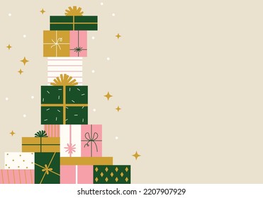 Happy birthday. Merry Christmas. Gifts with bows and ribbons. Stack of colorful present gift boxes. Set of wrapped gift boxes isolated on background. Sale and shopping