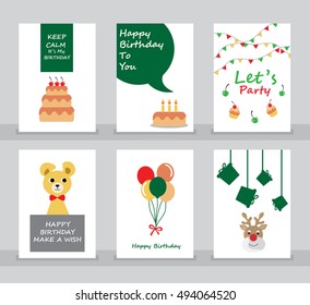 Happy Birthday, Merry christmas, greeting and invitation card. There are teddy bear, gift boxes, santa, snow man, star. layout template in A 4 size. vector illustration