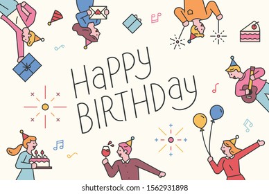 Happy birthday message card. Friends are holding gift boxes and celebrating. flat design style minimal vector illustration.