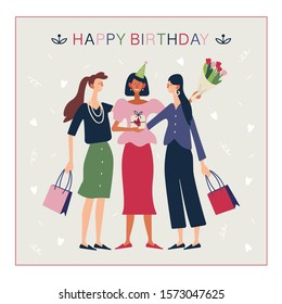 Happy birthday message card. Friends are holding gift boxes and celebrating. Flat cartoon vector illustration.