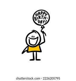 Happy birthday message on the baloon doodle vector illustration with funny stickman. Doodle man holding a congratulation.