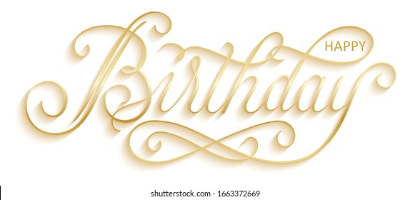 HAPPY BIRTHDAY metallic gold vector brush calligraphy banner with ornate swashes