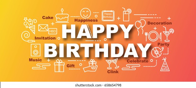 happy birthday minimal vector trendy banner design concept, modern style with thin line art icons on gradient colors background
