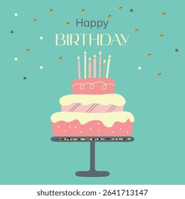 Happy birthday minimalistic birthday greeting card with big cake. Retro style.