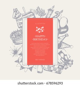 Happy Birthday - modern vector hand drawn square postcard with copy space. Realistic gift, cap, flag, cake, balloon, color wheel, candle number, Sparkler, pop gun, pinata. Celebrate your party.