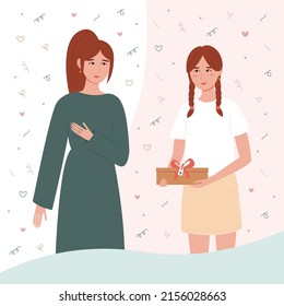 Happy birthday mom concept flat. Daughter congratulates mother with gift. Cute postcard, banner, template. Vector illustration in flat style.