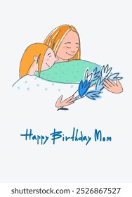 Happy Birthday Mom greeting card design with with a woman and a boy who look at the sky together in retro style and handwritten signature Happy Birthday Template for IG, web, postcard, social network