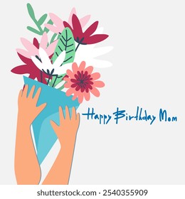 Diseño de tarjeta de felicitación de la madre del feliz cumpleaños con flores en estilo retro de moda y firma manuscrita Feliz cumpleaños en un fondo brillante. Plantilla para IG, Web, postal, red social