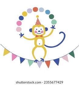  Happy Birthday monkey animal paper shape cutouts style vector illustration. Scandinavian childish wild party pre-made print design.