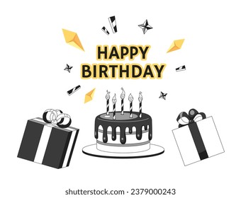 Happy birthday monochrome greeting card vector. Candles birthday cake black and white illustration greetingcard. Surprise party. Gifts present 2D outline cartoon ecard, special occasion postcard image