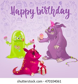Happy Birthday monsters card. Characters for your design on light background with party elements.