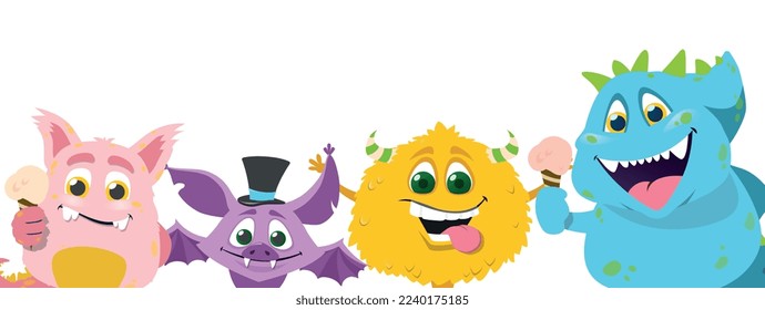 Happy birthday monsters face set. Collection of graphic elements for website. Invitation and greeting postcard. Poster or banner. Cartoon flat vector illustrations isolated on white background