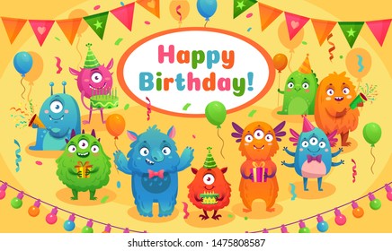 Happy birthday monsters. Kids birthday party cute monster mascot, monsters anniversary greeting card. Alien, mutant beast or ogre invitation or greeting card cartoon vector illustration