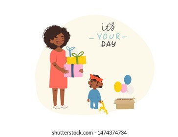 Happy birthday. Mother congratulates the child and gives him a gift. Vector flat design illustration. 