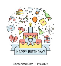 Happy birthday multicolored greeting card with big cake. Modern outline minimalistic design.