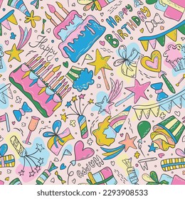 ¡Feliz cumpleaños! Patrón vectorial transparente multicolor. Ilustración colorida con pasteles, globos y regalos. Diseño festivo para envolver papel, tela, tarjetas. Impresión dibujada a mano en forma de doodle, arte de línea