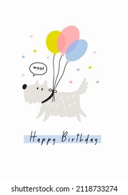 Happy Birthday my dear dog. Cute Cartoon pet Birthday card. Vector illustration dog and baloon in flat style