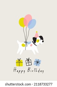 Happy Birthday My Dear Dog. Cute Cartoon Pet Birthday Card. Vector Illustration Dog And Baloon In Flat Style