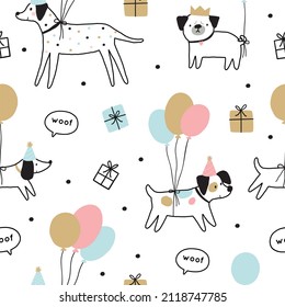 Happy Birthday my dear dog. Cute Cartoon pet Birthday card. Vector seamless pattern dog and baloon in flat style