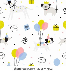 Happy Birthday my dear dog. Cute Cartoon pet Birthday card. Vector seamless pattern dog and baloon in flat style