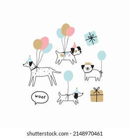 Happy Birthday My Dear Dog. Cute Cartoon Pet Birthday Card. Cute Dog And Baloon In Flat Style