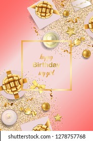 Happy Birthday My Girl greeting card with top view gold festive items on pink background. Luxury flat lay objects template for greeting, birthday cards, wedding invites, gift voucher with text palce.