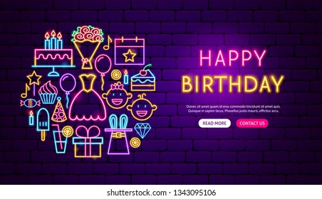 Happy Birthday Neon Banner Design. Vector Illustration of Party Promotion.