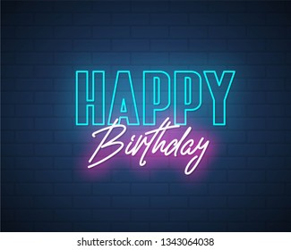 Happy Birthday neon card. Vector illustration.
