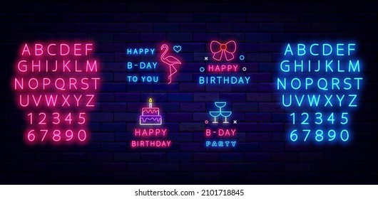 Happy birthday neon emblem set. Blue and pink glowing alphabet. Flamingo and cocktail glass. Party label. Greeting card collection on brick wall. Vector stock illustration