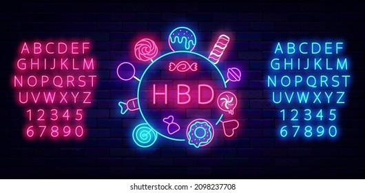 Happy Birthday neon emblem with shiny alphabet. Candy and sweets frame. Celebration concept. Outer glowing effect banner. Greeting card design on brick wall. Editable stroke. Vector stock illustration