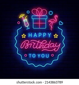 Happy birthday neon emblem. Shiny lettering with line icons. Present and flamingo. Glowing sign. Holiday design. Celebration concept on brick wall. Editable stroke. Vector stock illustration