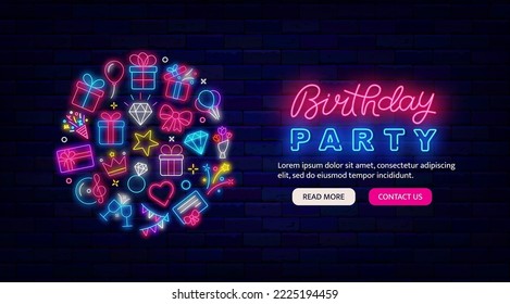 Happy Birthday neon flyer. Website landing page template. Horizontal invitation. Circle layout with shiny icons. Light advertising. Present, diamond and music. Luminous greeting card with lettering. V