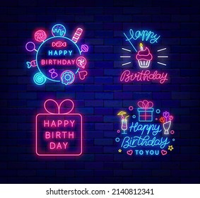 Happy Birthday neon greeting card collection. Sweet candy frame. Cupcake and present. Pink gift box. Holiday design set on brick wall. Luminous emblem pack. Vector stock illustration