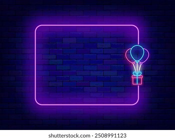 Tarjeta de felicitación de neón de feliz cumpleaños. Celebración en Festiva. Marco púrpura vacío y caja de regalo con globos de aire. Sorpresa y bonificación. Copiar espacio. Afiche brillante. Trazo editable. Vector ilustración de stock