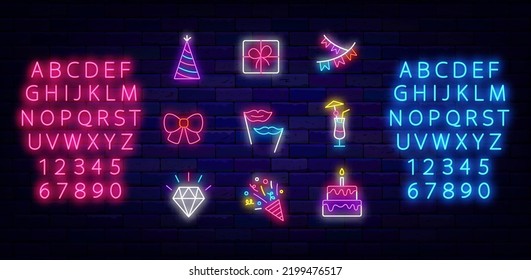 Happy Birthday neon icons collection. Gift, garland and confetti. Shiny blue and pink alphabet. Merry Christmas and Happy New Year design. Party decoration on brick wall. Vector stock illustration