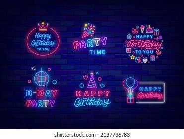 Happy Birthday neon label collection. Party time with confetti. Bday event with disco ball. Invitation design set on brick wall. Luminous sign pack. Vector illustration