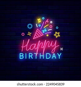 Happy Birthday neon label on brick wall. Colorful confetti with petard. Invitation template. Anniversary event. Luminous sign. Shiny greeting card. Vector stock illustration