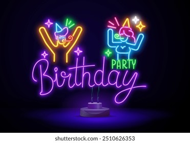 Happy Birthday neon label on brick wall. Colorful confetti with petard. Invitation template. Anniversary event. Luminous sign. Shiny greeting card. Vector stock illustration