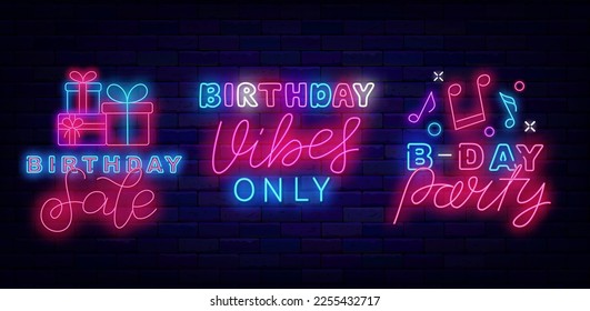 Happy Birthday neon labels collection. Birthday vibes only. Bday party and sale. Anniversary celebration. Music notes and presents. Invitation design set on brick wall. Vector stock illustration