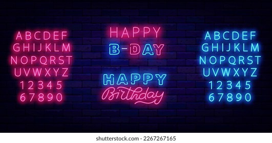 Happy Birthday neon labels collection. Happy Bday. Holiday celebration. Glowing blue and pink alphabet. Light advertising. Luminous greeting card. Vector stock illustration