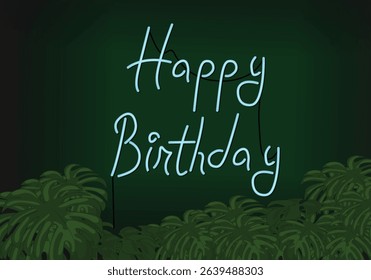 Happy birthday neon light with tropical floral plants